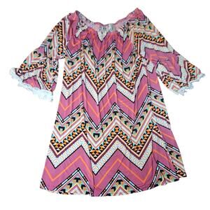 R Rauge Dress Womens Size 3x Boho Print Crocheted Hem Sleeves Chevron (794)